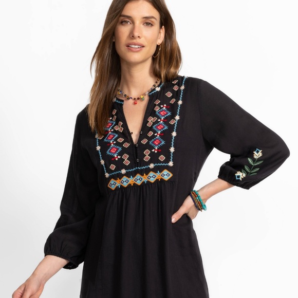 JOHNNY WAS BUTTON FRONT YOKE DRESS BLACK FLORAL EMBROIDERED SZ XS - Picture 3 of 11